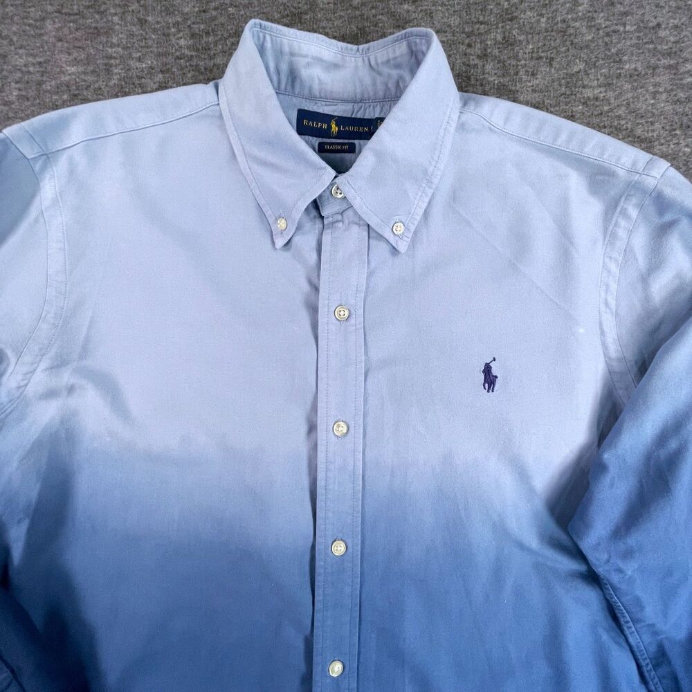 Polo Ralph Lauren Large Blue Ombre Dip Dye Button Down Classic Fit Shirt Preppy - Picture 4 of 11